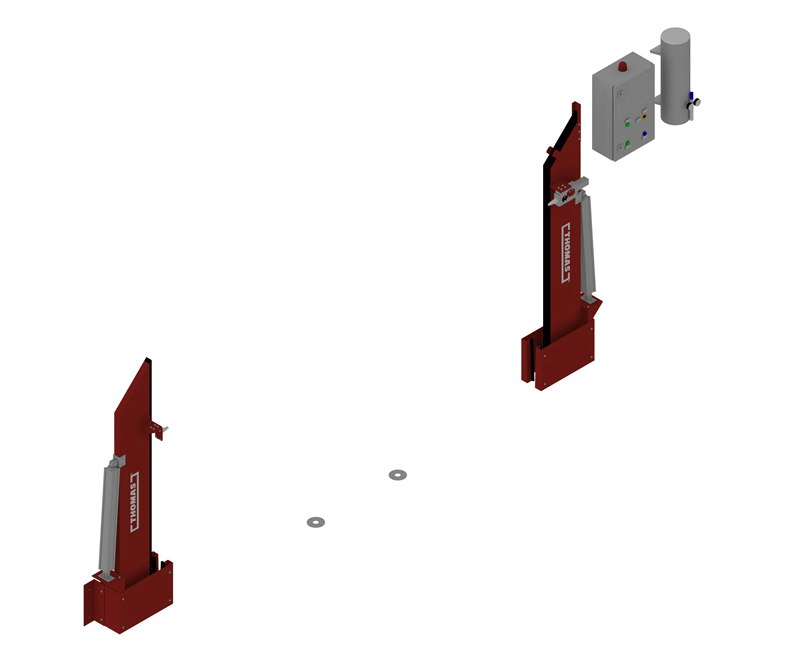 Automatiska släckvattenbarriärer Thomas Sys Tech FM Approved TÜV certifierad släckvattenbarriär brandsäker barriär kemikaliebeständig tätning PTFE PPA pulverlackerad RAL 3000 flammande röd korrosionsskydd elektropneumatisk styrning tryckluftslagring helautomatisk aktivering brandlarm potentialfri brytarkontakt optisk indikering grön röd akustisk varning nöddrift nödtillbrygga sänkta försäkringspremier FM Global VdS certifierad industriell barriär farligt gods lager logistikcenter lastkaj produktionsanläggni