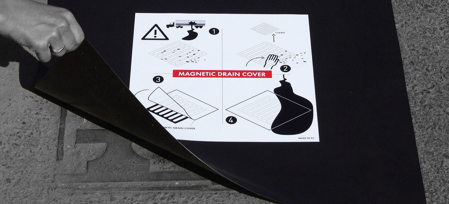 ECCOTARP Magnetic Drain Cover MDC magnetisk brunnlock MDC 01 MDC 02 MDC 03 MDC 04 kemikalieresistent avloppstäckning magnetfilm strontiumferrit klorinerad polyeten 510x510 mm 600x600 mm 1000x1000 mm 0.9 mm tjocklek 0.8-3.3 kg väderbeständig oljeprodukter utspädda syror baser -20°C till +80°C hydrostatic adhesion platt yta stål avlopp snabbinsats återanvändbar väggställ förvaring miljöskydd industriell sanering akut respons.