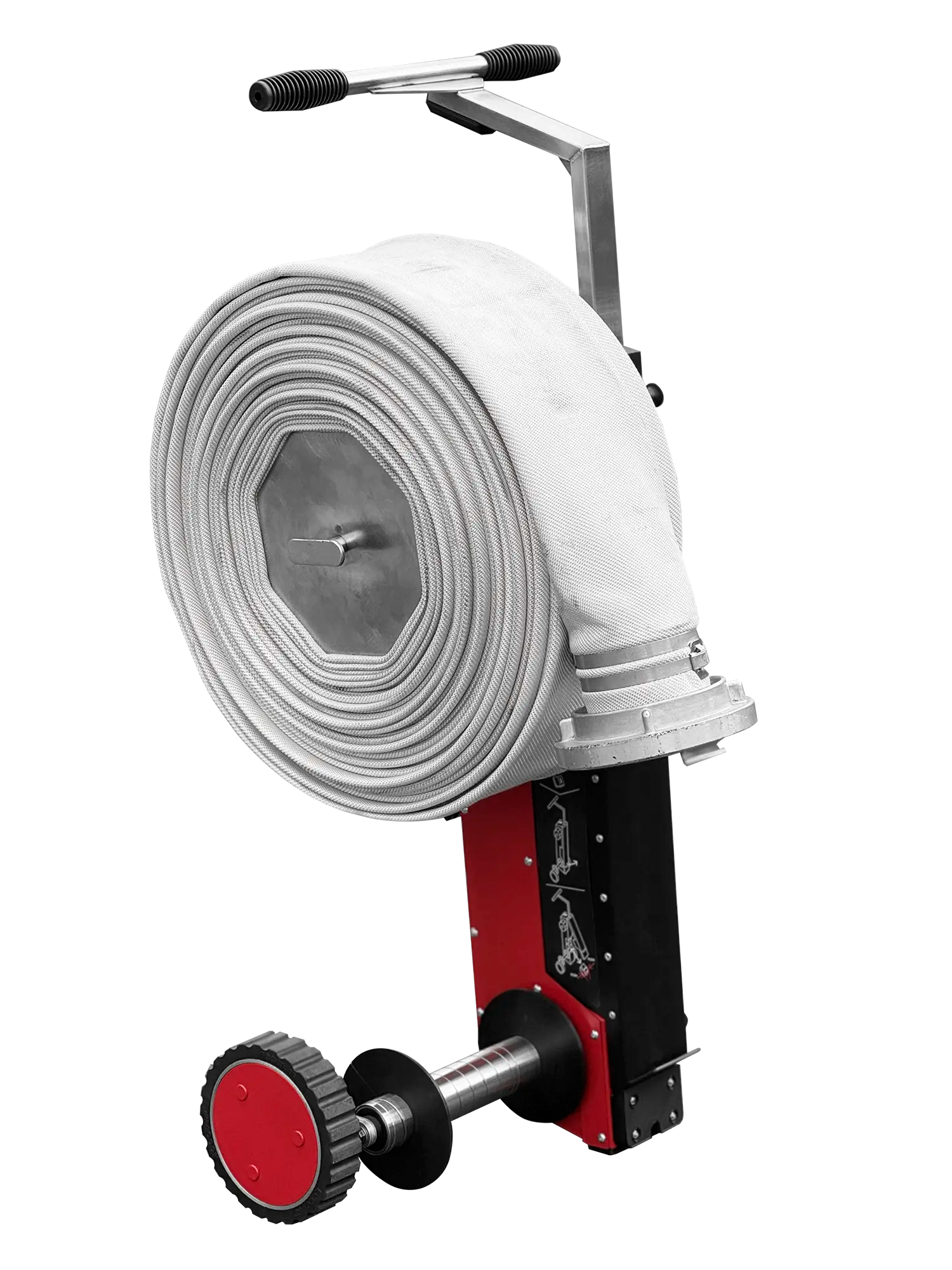 ECCOTARP ET-Roller 6 elektrisk slangrulle brandslangrulle batteridriven hopfällbar 660W motor två Milwaukee M18 batterier slang upp till 5 tum A B C D slangtyper snabb vikning våta torra slangar tömning reverse funktion robust stålram pulverlackerad galvaniserad stabiliserande chassi teleskopiskt handtag quick-release bärare DRUM FORK slangskydd säkerhetsgräns mjukstart omedelbart stopp vibrationssäker dammtät vattentät industrihjul kompakt transport 480x360x1230 mm vikt 36.5 kg backsaver effektiv slanghant