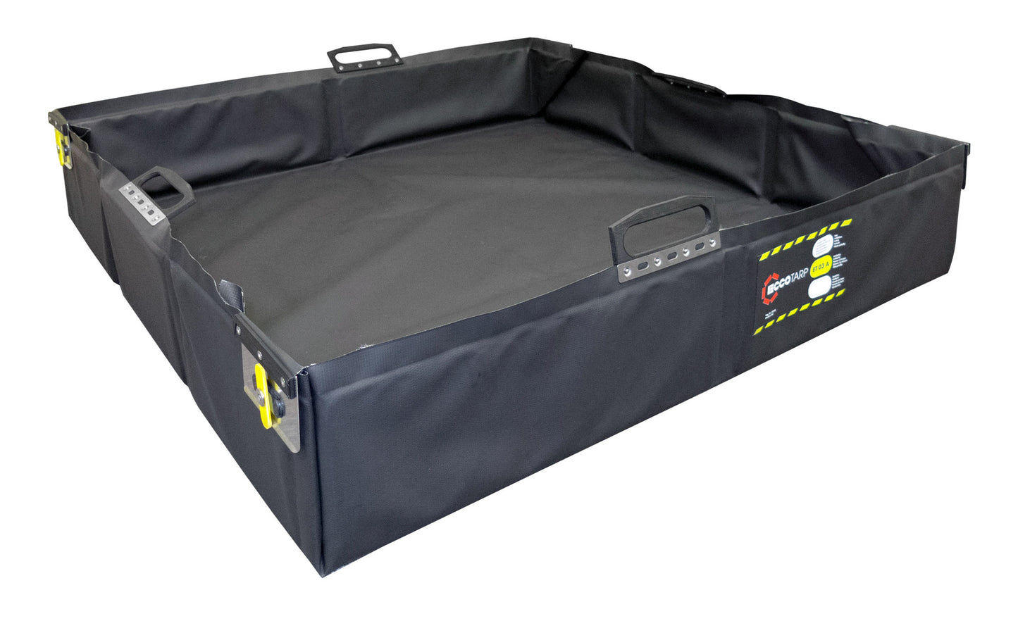 ECCOTARP hopfällbar flexibel utility tray antistatisk FASTER kemikalieresistent uppsamlingstråg spilltråg verktygsunderlägg rullbar hopfällbar design PES PVC belagt tyg svetsade hörn polypropylenförstärkningar solida segmenterade kanter segmentformning trånga utrymmen transportrem klämma hörnögla hängning temperatur -30°C till +70°C inomhus utomhus syror baser petroleumprodukter verkstad underhåll rengöring verktyg maskindelar korttidslagring dunkar fat kontaminerade delar industriell säkerhet skräddarsydda