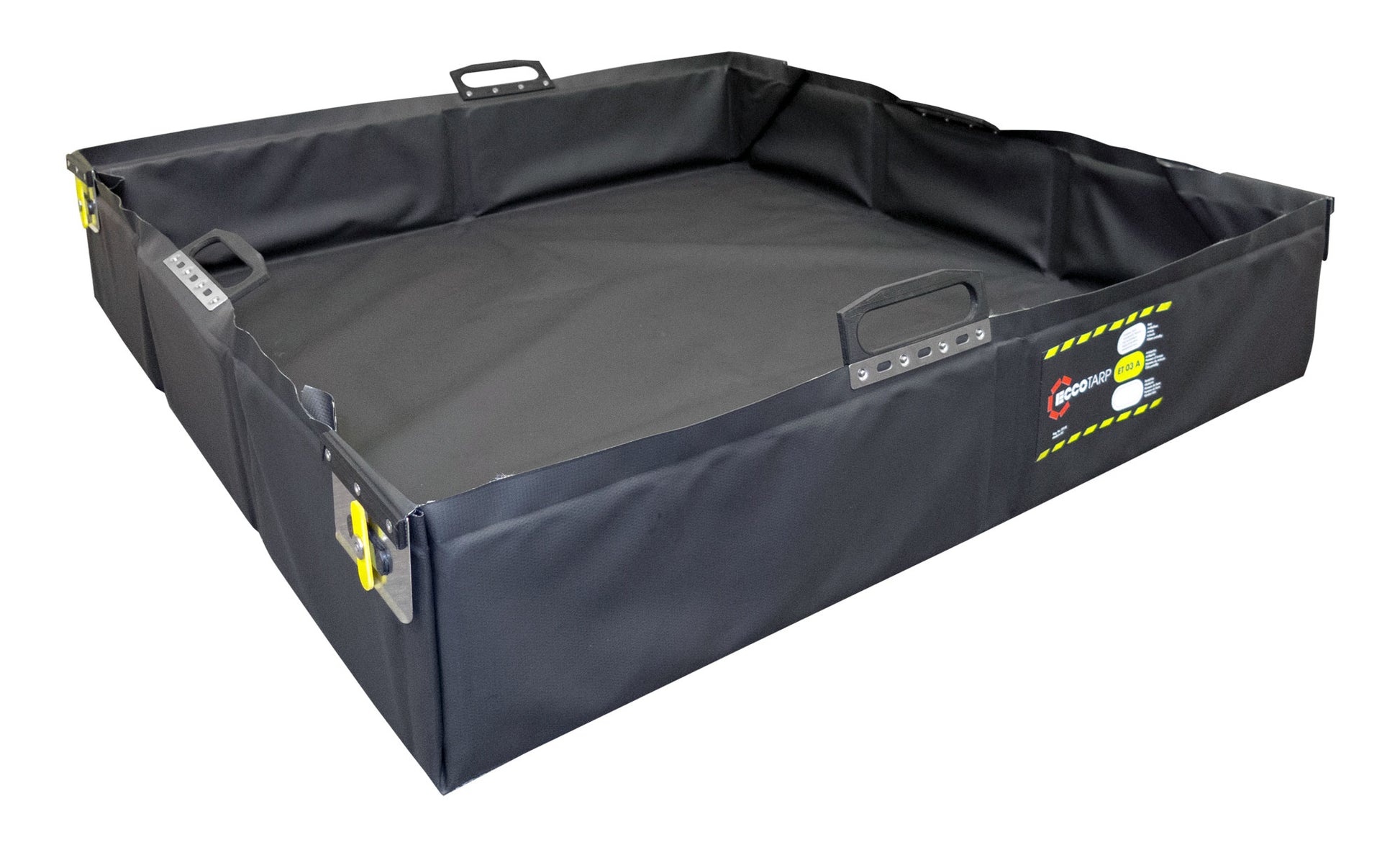 ECCOTARP hopfällbar flexibel utility tray antistatisk FASTER kemikalieresistent uppsamlingstråg spilltråg verktygsunderlägg rullbar hopfällbar design PES PVC belagt tyg svetsade hörn polypropylenförstärkningar solida segmenterade kanter segmentformning trånga utrymmen transportrem klämma hörnögla hängning temperatur -30°C till +70°C inomhus utomhus syror baser petroleumprodukter verkstad underhåll rengöring verktyg maskindelar korttidslagring dunkar fat kontaminerade delar industriell säkerhet skräddarsydda