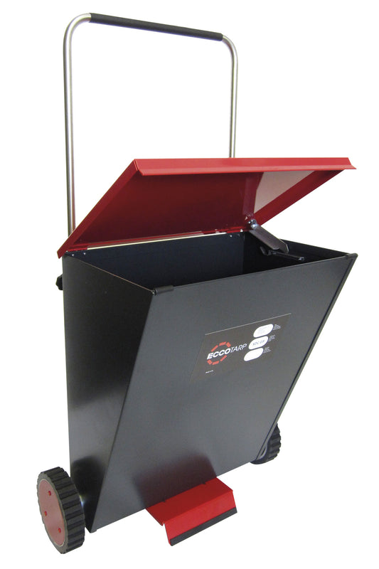 ECCOTARP metal sorbent dispenser cart SDC-05 metall sorbentvagn pulverabsorbent dispenservagn oljeprodukt läckage kemikalieläckage pulverströare industriell spillhantering justerbart handtag 750-1300 mm regnsäker metallkonstruktion rostfritt stål industriella lagerhylsor vibrationslössning rotationsskopa jämn spridning regnig väderskydd förstärkta stressområden slitstark ytfinish hjul 180 mm maxvolym 65 liter packstorlek 600x430x780 mm tomvikt 22 kg brandkår transport logistik industri akut respons.