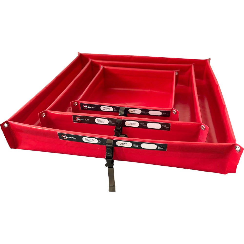 ECCOTARP hopfällbar flexibel utility tray FASTER kemikalieresistent uppsamlingstråg spilltråg verktygsunderlägg rullbar hopfällbar design PES PVC belagt tyg svetsade hörn polypropylenförstärkningar solida segmenterade kanter segmentformning trånga utrymmen transportrem klämma hörnögla hängning temperatur -30°C till +70°C inomhus utomhus syror baser petroleumprodukter verkstad underhåll rengöring verktyg maskindelar korttidslagring dunkar fat kontaminerade delar industriell säkerhet skräddarsydda mått ET F 4