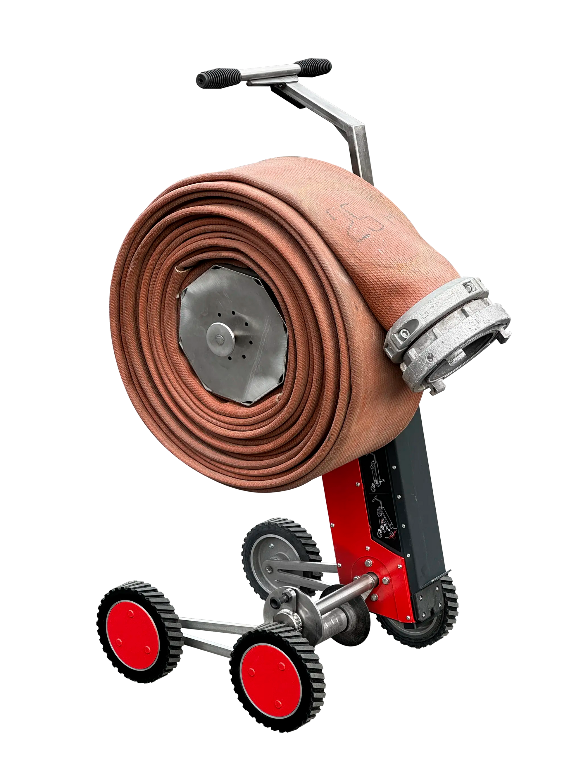 ECCOTARP ET-Roller 7 elektrisk slangrulle brandslangrulle hopfällbar 4-hjulig chassi Milwaukee M18 batteridrift 36V robust stålram högtrycksslange upp till 6 tum A B C D slangtyper 1 meter per sekund vikning DRUM bärare FORK bärare quick-release bytesystem teleskopiskt handtag backfunktion vattenavloppning säkerhetsgräns mjukstart omedelbart stopp vibrationssäker dammtät vattentät industrihjul slitagebeständig ytbehandling pulverlackerad galvaniserad nödfallshantering räddningstjänst träning kompakt transpo