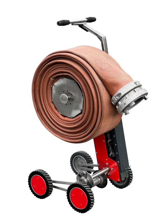 ECCOTARP ET-Roller 7 elektrisk slangrulle brandslangrulle hopfällbar 4-hjulig chassi Milwaukee M18 batteridrift 36V robust stålram högtrycksslange upp till 6 tum A B C D slangtyper 1 meter per sekund vikning DRUM bärare FORK bärare quick-release bytesystem teleskopiskt handtag backfunktion vattenavloppning säkerhetsgräns mjukstart omedelbart stopp vibrationssäker dammtät vattentät industrihjul slitagebeständig ytbehandling pulverlackerad galvaniserad nödfallshantering räddningstjänst träning kompakt transpo