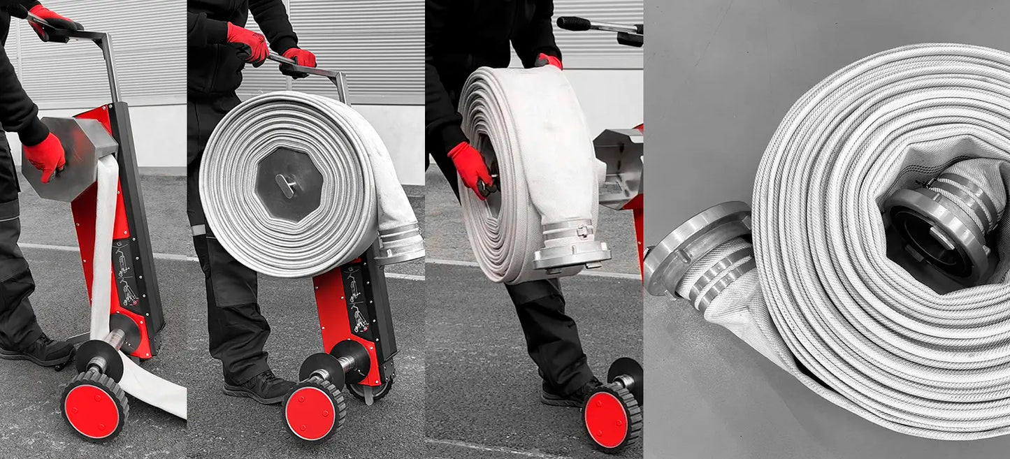 ECCOTARP ET-Roller 6 elektrisk slangrulle brandslangrulle batteridriven hopfällbar 660W motor två Milwaukee M18 batterier slang upp till 5 tum A B C D slangtyper snabb vikning våta torra slangar tömning reverse funktion robust stålram pulverlackerad galvaniserad stabiliserande chassi teleskopiskt handtag quick-release bärare DRUM FORK slangskydd säkerhetsgräns mjukstart omedelbart stopp vibrationssäker dammtät vattentät industrihjul kompakt transport 480x360x1230 mm vikt 36.5 kg backsaver effektiv slanghant
